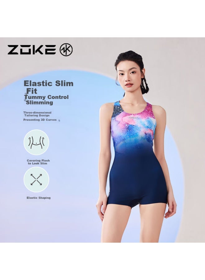 Zoke Women's One-piece Square Leg Racing Swimsuit Professional Sports Compeion Training Spa 125501426 Deep Blue Nebula Flower XL - Image 1