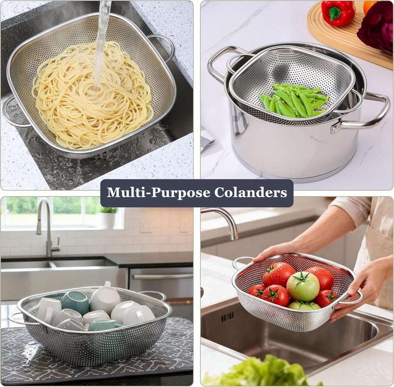 E-far 3 Pack Colander for Kitchen, Square Stainless Steel Metal Strainer Colander with Handle for Draining Food Pasta Vegetable, Micro-Perforated & Elevated Feet, Dishwasher Safe(2.4/4/6QT) - Image 4