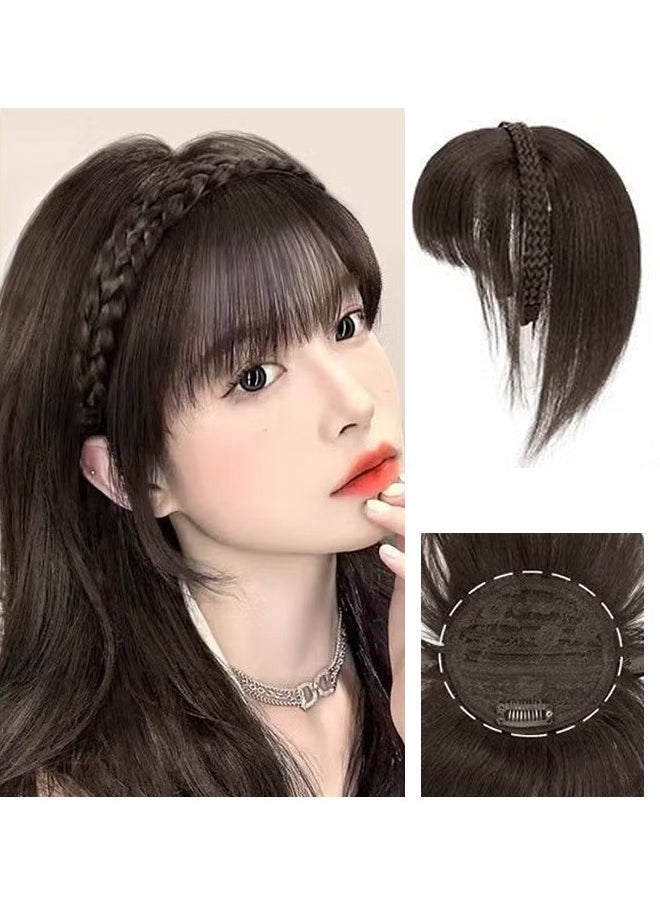 HY 3D Hair Toppers with Braid Headband, Bangs Replacement with Clip on, Hair Pieces for Women with Thinning Hair Hair Loss Cover Gray Hair, Brown Black, 40cm  - Image 1