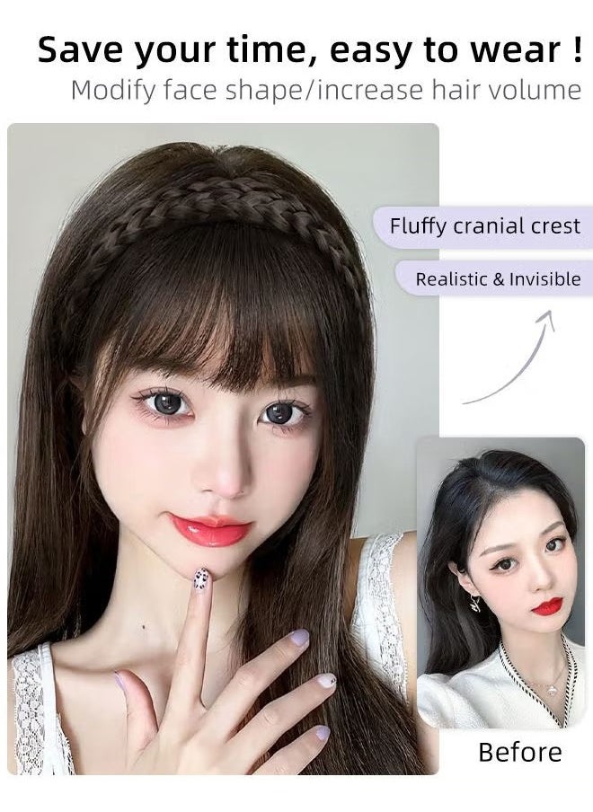 HY 3D Hair Toppers with Braid Headband, Bangs Replacement with Clip on, Hair Pieces for Women with Thinning Hair Hair Loss Cover Gray Hair, Brown Black, 40cm  - Image 2
