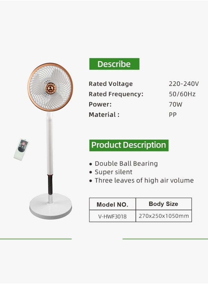 Vmax 10" 70W Ultra-Quiet Pedestal Fan with Remote Control – 3-Blade High Airflow, 70° Automatic Oscillation & Timer-Off Function – White & Rose Gold Edition - Image 5