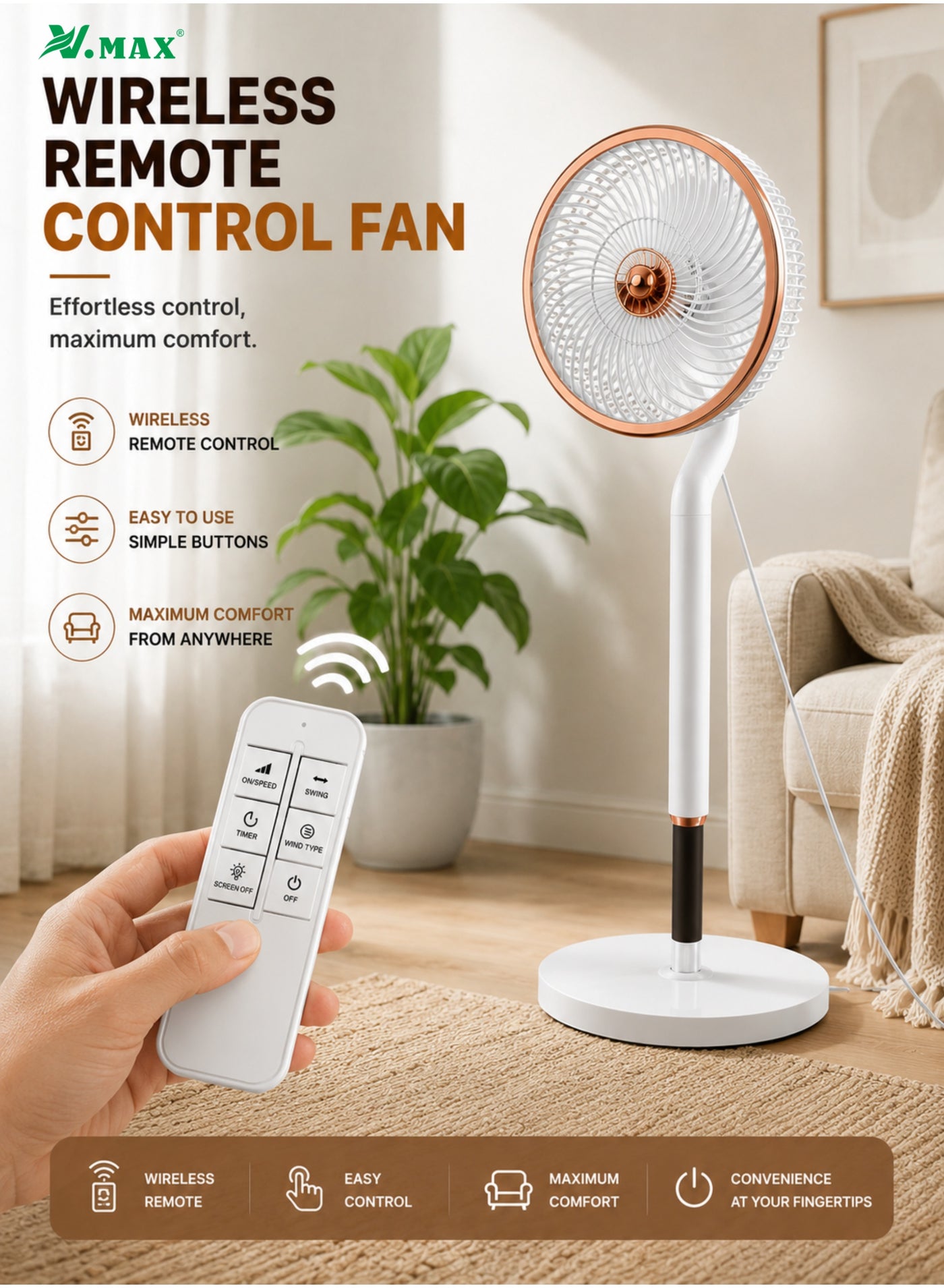 10" 70W Ultra-Quiet Pedestal Fan with Remote Control – 3-Blade High Airflow, 70° Automatic Oscillation & Timer-Off Function – White & Rose Gold Edition