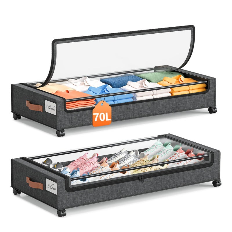 Yecaye 70L Under Bed Storage with Wheels, 2Pack Larger Capacity Under Bed Storage Containers, Underbed Shoe Storage Organizer, Rolling Under Bed Metal Drawers for Clothes, Blankets(35.5 x 17 x 6.7in) - Image 1