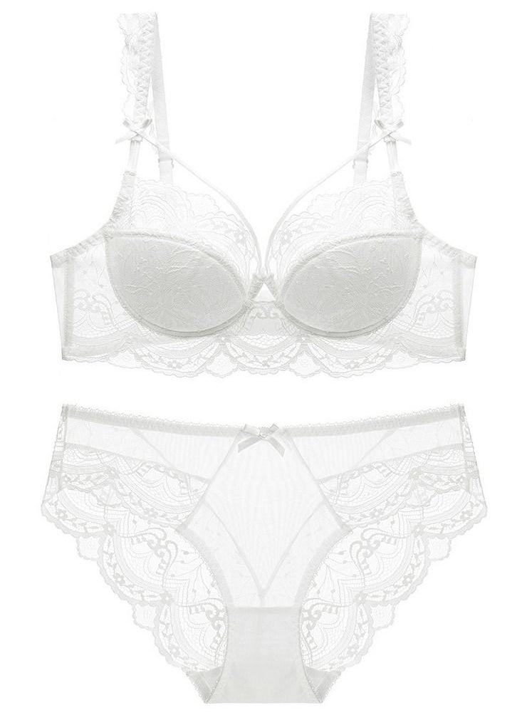Loquat - Comfy Solid Color Thin Cup Lace Bra And Panty Set White - Image 1