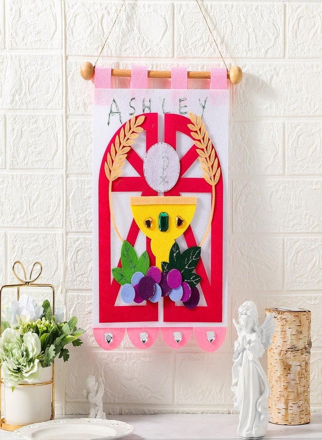 Mindsoft First Communion Banner Kit 9 x 12 Inches Catholic Craft Pack Banner Decorating Kit with Felt Pieces Glitter Pens Glue Gems DIY Sunday Church Activity for Baptism Party Decoration(Pink) - Image 4