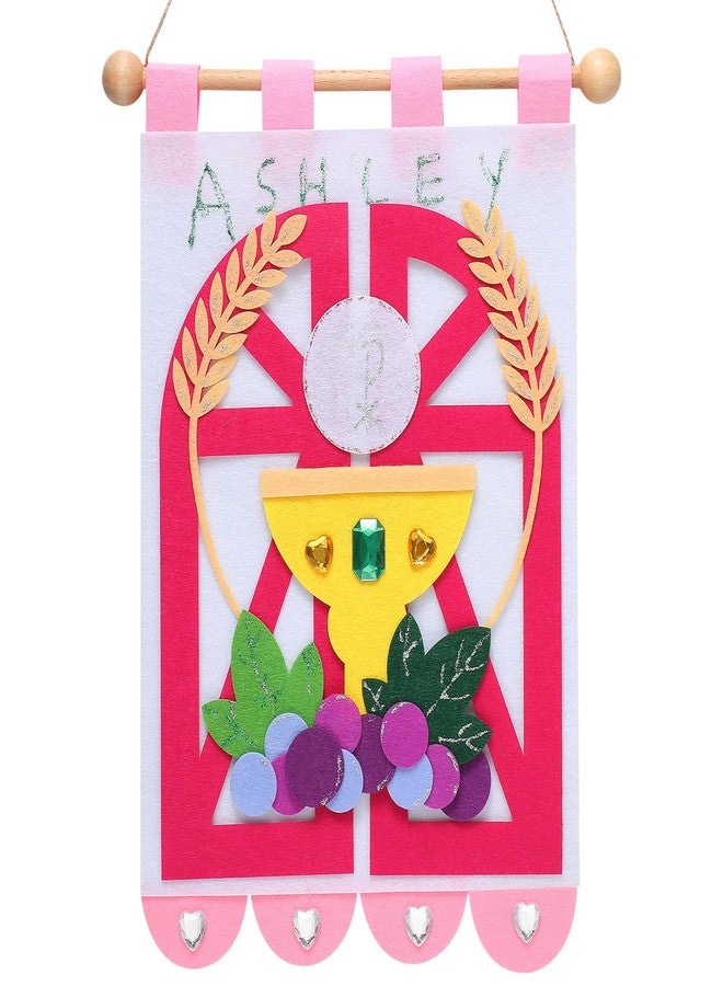 Mindsoft First Communion Banner Kit 9 x 12 Inches Catholic Craft Pack Banner Decorating Kit with Felt Pieces Glitter Pens Glue Gems DIY Sunday Church Activity for Baptism Party Decoration(Pink) - Image 1