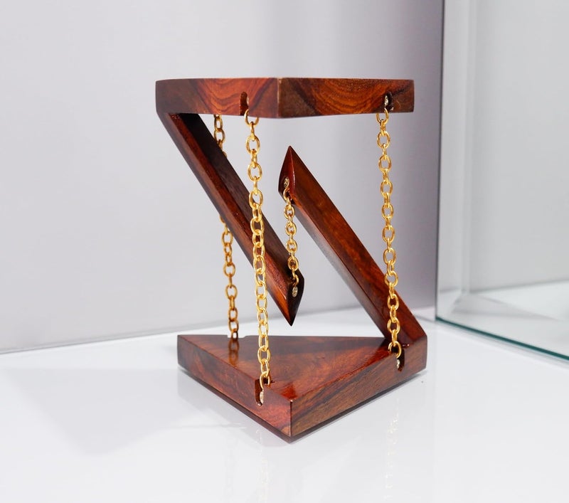 TOLAS INDIA Tensegrity Diwali Gift for Home Office Decor Made with Solid Wood Showpiece Light Weight Table Top Triangle Shape Vintage Brown Surface with Gold Finish Chain - Image 1