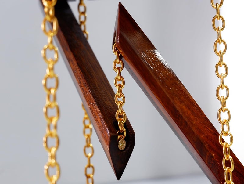 TOLAS INDIA Tensegrity Diwali Gift for Home Office Decor Made with Solid Wood Showpiece Light Weight Table Top Triangle Shape Vintage Brown Surface with Gold Finish Chain - Image 3