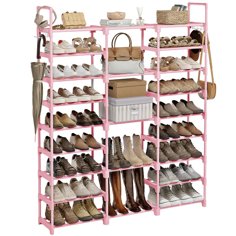 WOWLIVE 9 Tiers Shoe Rack Shoe Storage Shoe Organizer 50-55 Pairs Shoe Tower Unit Shelf Durable Metal Pipes with Plastic Connectors Stackable Cabinet Pink - Image 1