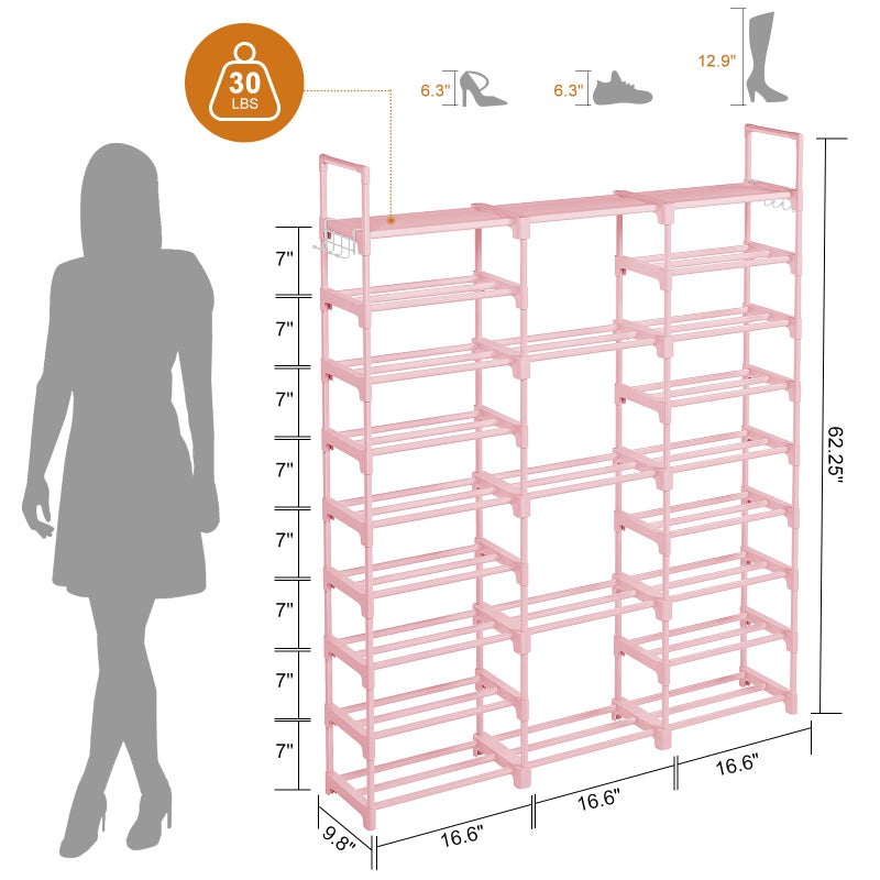 WOWLIVE 9 Tiers Shoe Rack Shoe Storage Shoe Organizer 50-55 Pairs Shoe Tower Unit Shelf Durable Metal Pipes with Plastic Connectors Stackable Cabinet Pink - Image 5