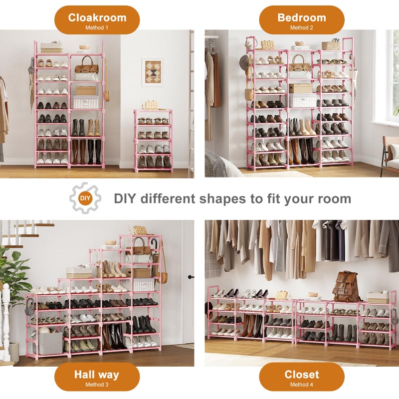 WOWLIVE 9 Tiers Shoe Rack Shoe Storage Shoe Organizer 50-55 Pairs Shoe Tower Unit Shelf Durable Metal Pipes with Plastic Connectors Stackable Cabinet Pink - Image 4