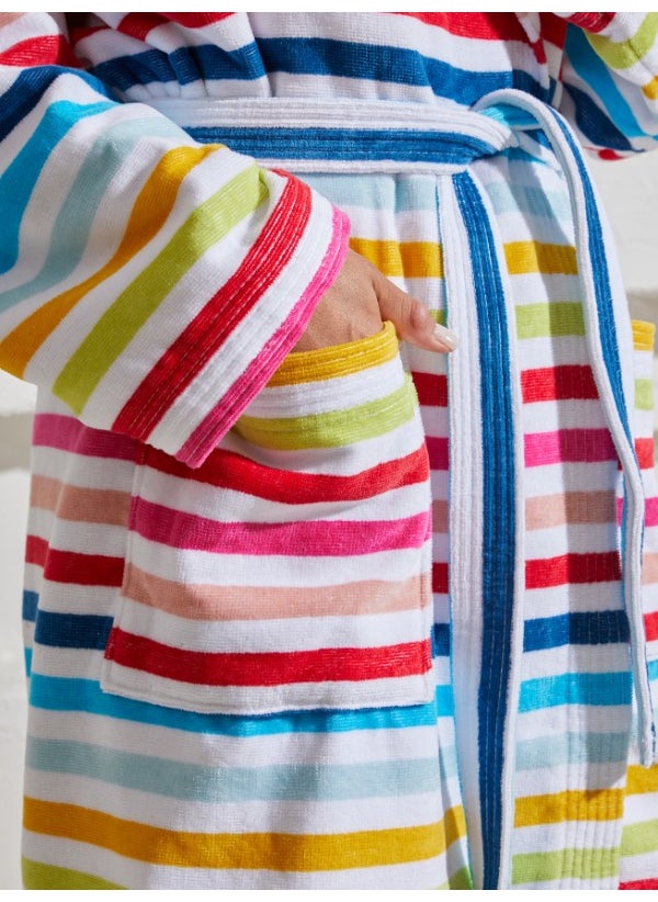 Homelover - 100% Cotton Kimono Collar Hooded Colorful Striped Women's Bathrobe - Image 1