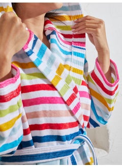 100% Cotton Kimono Collar Hooded Colorful Striped Women's Bathrobe
