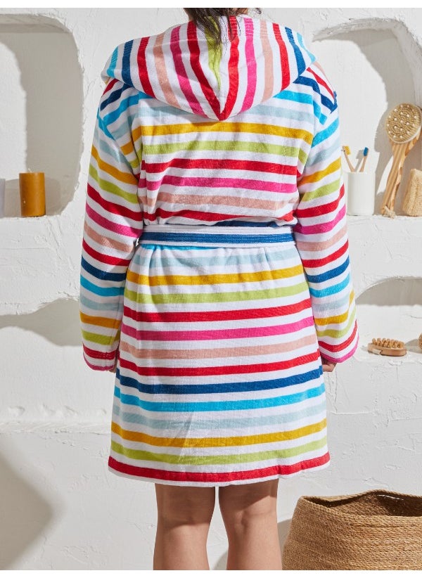 Homelover - 100% Cotton Kimono Collar Hooded Colorful Striped Women's Bathrobe - Image 1