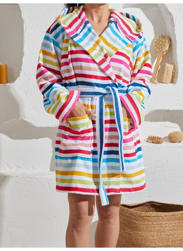 Homelover - 100% Cotton Kimono Collar Hooded Colorful Striped Women's Bathrobe - Image 1