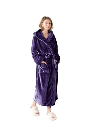 KORBLISS Robes for Women - Hooded Plush Fleece Bathrobe with Sash & Pockets, Full-Length Lightweight Spa Robe, Warm Silky Soft, Purple, L - Image 1