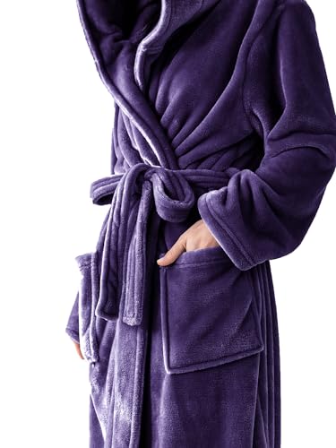 KORBLISS Robes for Women - Hooded Plush Fleece Bathrobe with Sash & Pockets, Full-Length Lightweight Spa Robe, Warm Silky Soft, Purple, L - Image 4