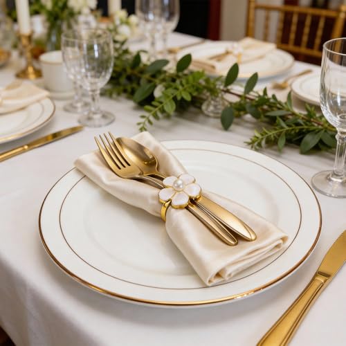 BEAVOING White Flower Napkin Rings Set of 12, Holiday Gold Peal Napkin Ring Holders for Dinner Setting Decoration, Wedding, Baby Shower,Easter, Thanksgiving, Christmas, Party - Image 5