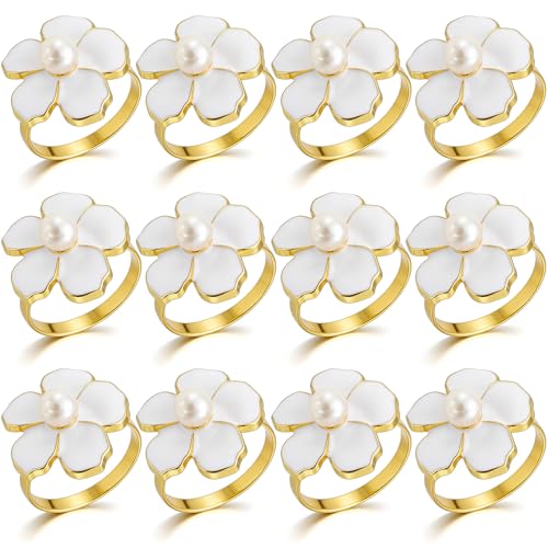 BEAVOING White Flower Napkin Rings Set of 12, Holiday Gold Peal Napkin Ring Holders for Dinner Setting Decoration, Wedding, Baby Shower,Easter, Thanksgiving, Christmas, Party - Image 1