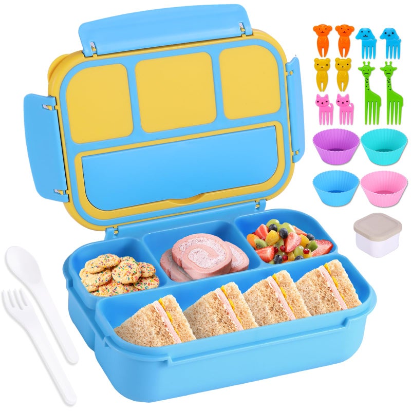 shell and turtle Bento Box for Kids Girls Boys, Bento Box Adult Lunch Box with 4 Compartments, Lunch Containers with Utensils, Sauce Jar, Muffin Liners for School, 40 Oz/5 Cup, Blue - Image 1