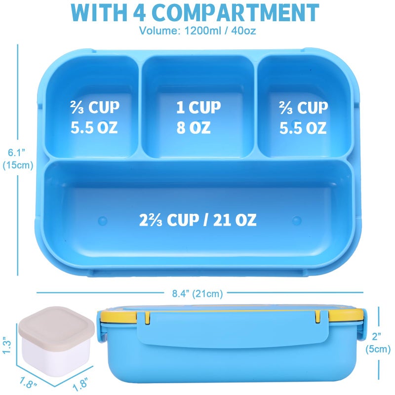 shell and turtle Bento Box for Kids Girls Boys, Bento Box Adult Lunch Box with 4 Compartments, Lunch Containers with Utensils, Sauce Jar, Muffin Liners for School, 40 Oz/5 Cup, Blue - Image 2