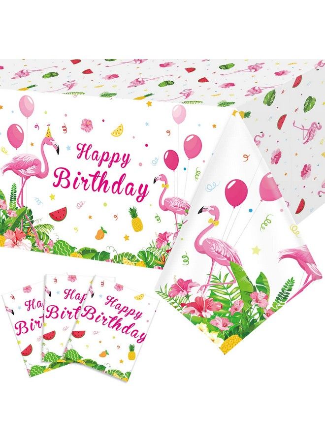 Irenare 3 Pcs Happy Birthday Flamingo Tablecloth Rectangular Luau Party Tablecloth Tropical Plastic Pink Flamingo Table Cover For Flamingo Birthday Party Decorations Summer Picnic Beach 54 X 108 Inch - Image 1