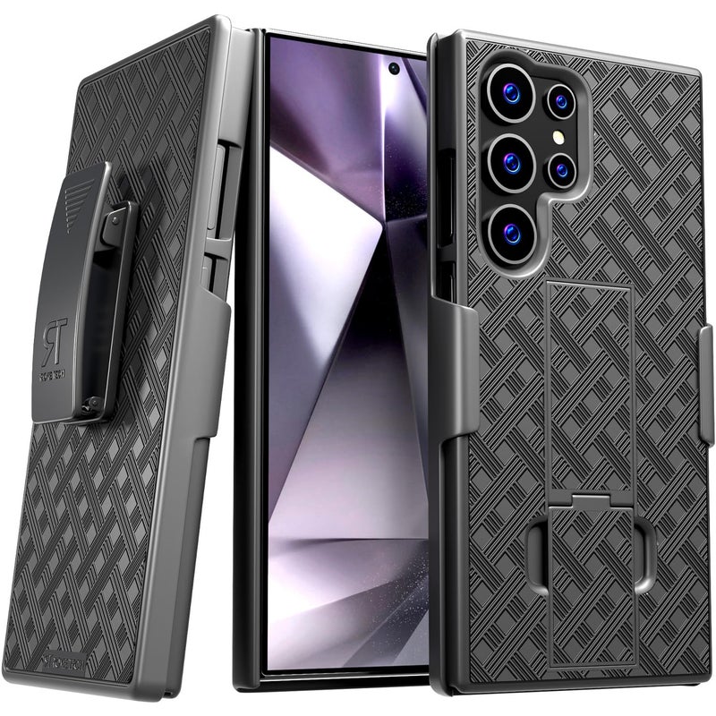 ROME TECH Designed for Samsung Galaxy S23 Ultra Case with Belt Clip Holster - Kickstand Cover Phone Case - Black (Lines) - Image 1