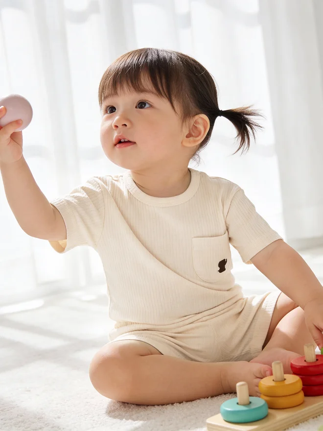 بابيز_بيسك Babies Basic Premium Ribbed Cotton Short Sleeves T-Shirt and Plain Shorts Set