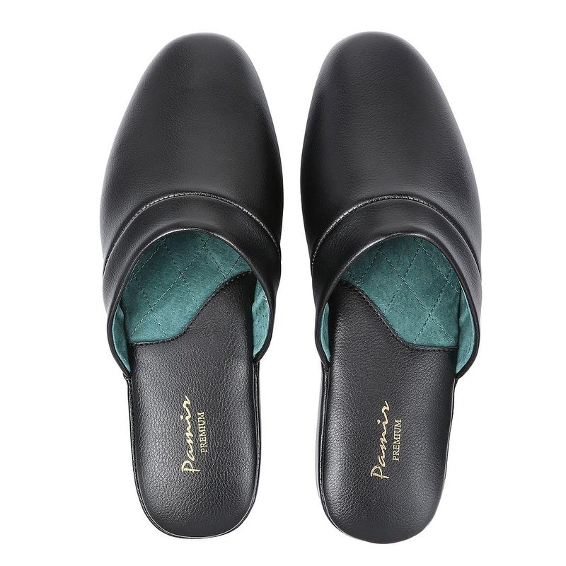PAMIR Mens Genuine Leather Scuff Slippers with Memory Foam Insole and Leather Outsole Size US 11 M Black