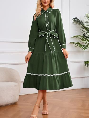 LifeShe Button Down Dress for Women 2026 Spring Casual Long Sleeve Belted Tie Elastic Waist Tiered Shirt Dresses Green - Image 5