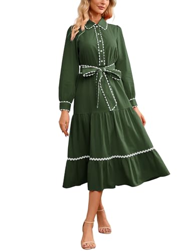 LifeShe Button Down Dress for Women 2026 Spring Casual Long Sleeve Belted Tie Elastic Waist Tiered Shirt Dresses Green - Image 1