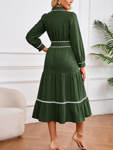 LifeShe Button Down Dress for Women 2026 Spring Casual Long Sleeve Belted Tie Elastic Waist Tiered Shirt Dresses Green - Image 3