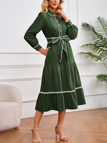 LifeShe Button Down Dress for Women 2026 Spring Casual Long Sleeve Belted Tie Elastic Waist Tiered Shirt Dresses Green - Image 4