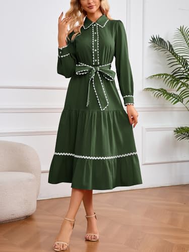 LifeShe Button Down Dress for Women 2026 Spring Casual Long Sleeve Belted Tie Elastic Waist Tiered Shirt Dresses Green - Image 2
