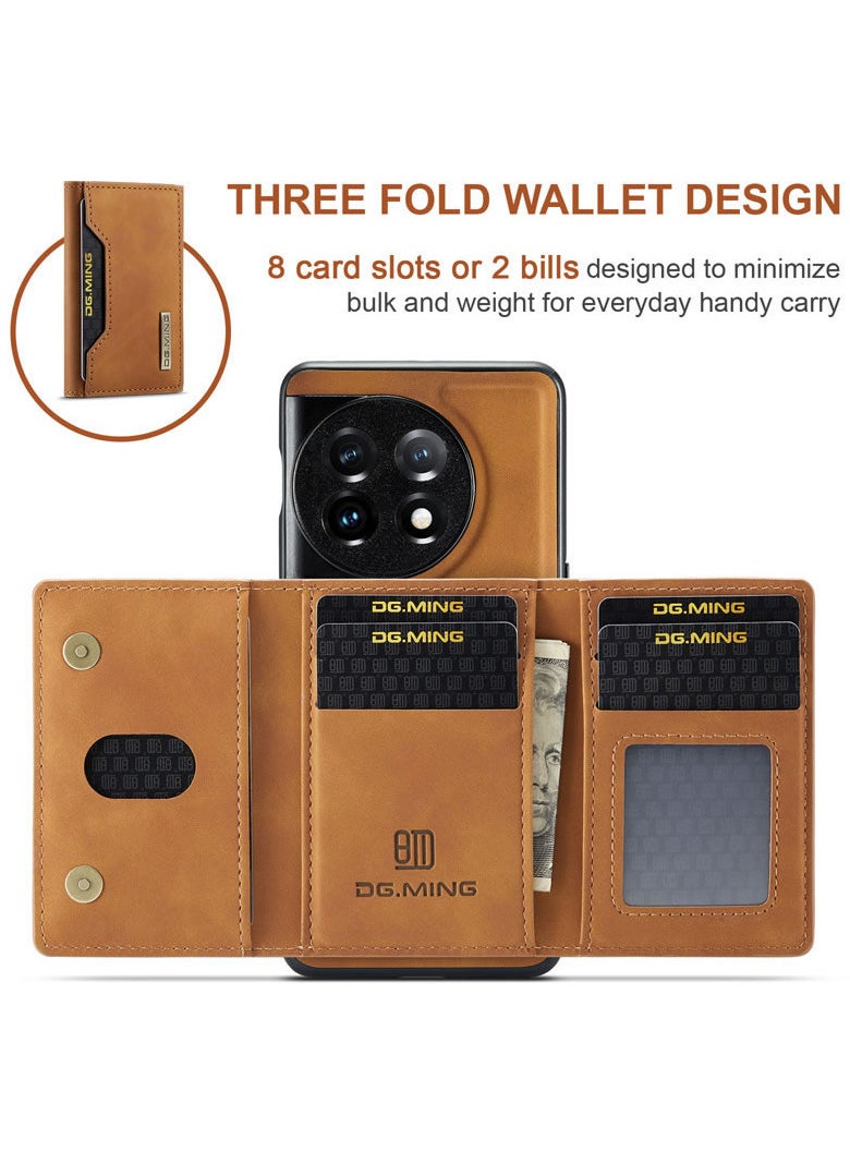 DGMING - CaseMe Wallet Case for One plus 11 DGMING Premium Leather Phone Case Back Cover Magnetic Detachable with Trifold Wallet Card Holder Pocket - Brown - Image 1