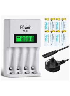 DMK Power 8pcs AA 1.2V 2800mAh High Capacity Rechargeable Batteries and TC-Q4 AAA AA Four Slot Independent Intelligent Quick LCD Charger for Ni-MH/Ni-CD Rechargeable Batteries with 3pin UK Plug Cable  - Image 1