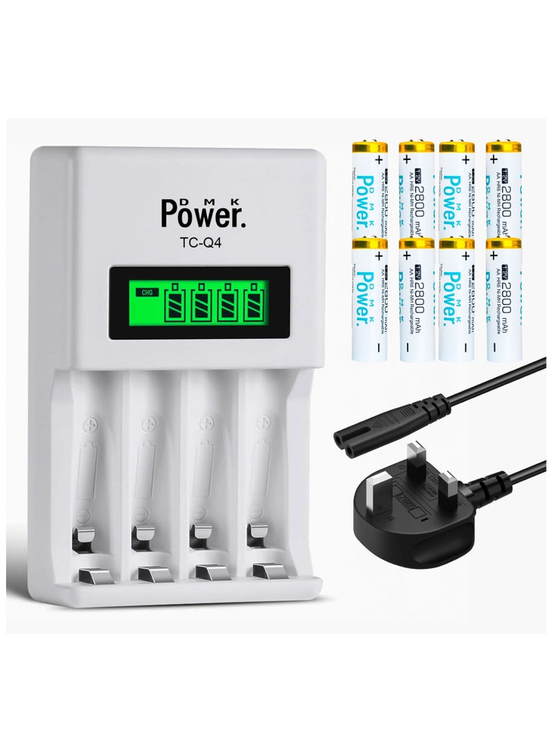 DMK Power 8pcs AA 1.2V 2800mAh High Capacity Rechargeable Batteries and TC-Q4 AAA AA Four Slot Independent Intelligent Quick LCD Charger for Ni-MH/Ni-CD Rechargeable Batteries with 3pin UK Plug Cable - Image 1