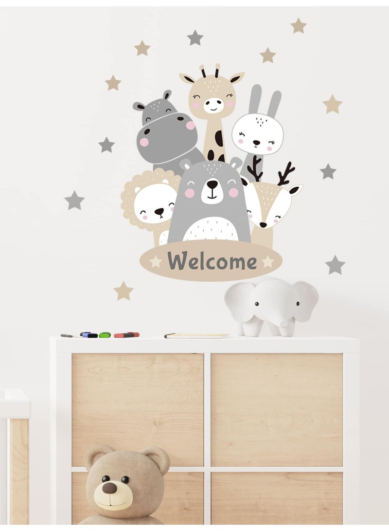 ملصق جداري لغرف الأطفال بتصميم حيوانات لطيفة Welcome مقاس L – ستيكر فينيل ديكور باب وغرفة نوم للأطفال - Image 1