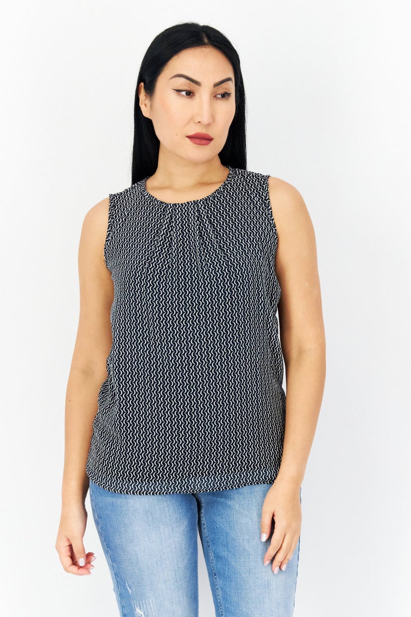 Zero Women Round Neck Sleeveless Allover Print Top, Black - Image 1
