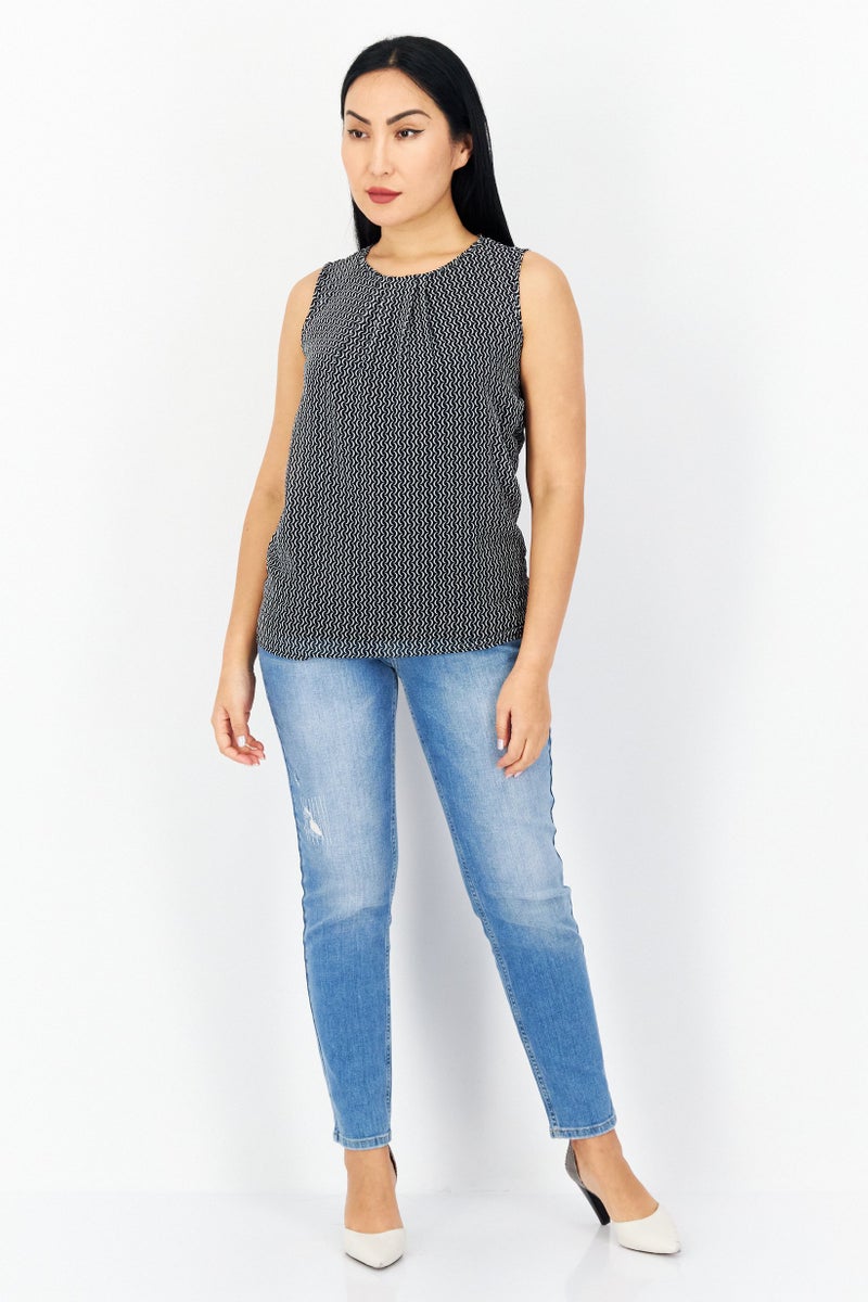 Zero Women Round Neck Sleeveless Allover Print Top, Black - Image 4