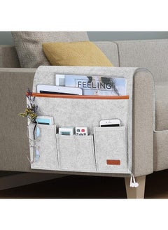 The Bros Sofa Armrest Organizer, Hanging Sofa Caddy Storage Bag with Long Flap and Hook, Sofa Remote Control Holder Bag with 5 Pockets for Magazine, Glasses, Tablet, Phone, Non-Slip (Light Grey)  - Image 1