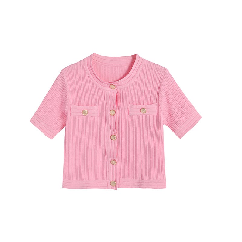 Xiao Xiang style sweater thin cardigan coat womens 2024 summer new spicy dopamine wear suit Pink Cardigan
