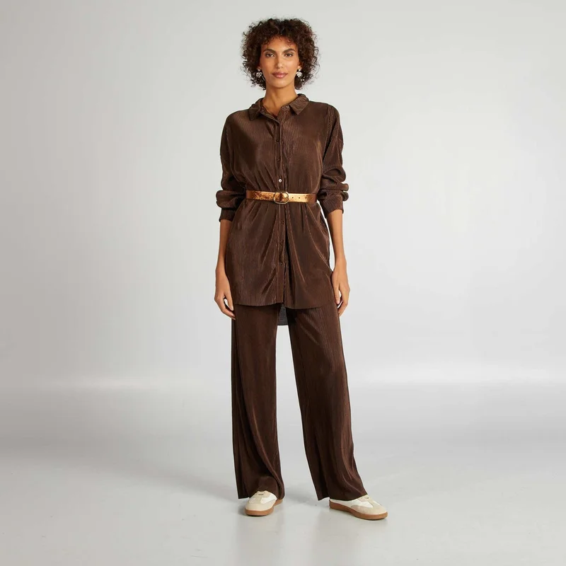 Kiabi Long Pleated Knit Shirt Brown