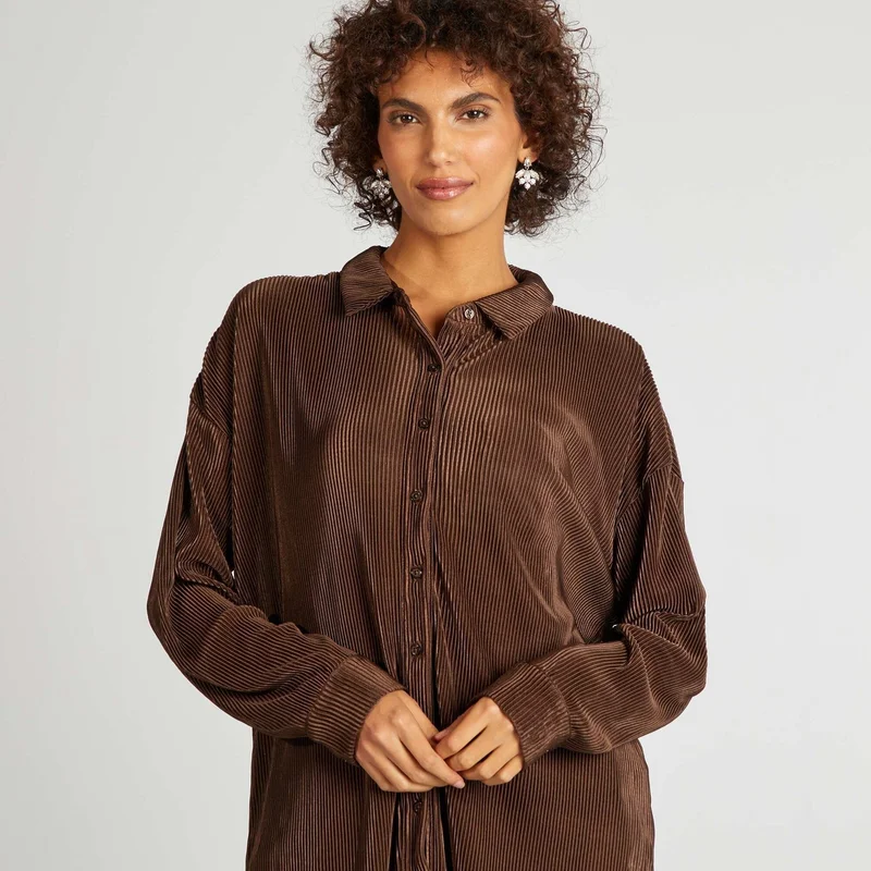 Kiabi Long Pleated Knit Shirt Brown