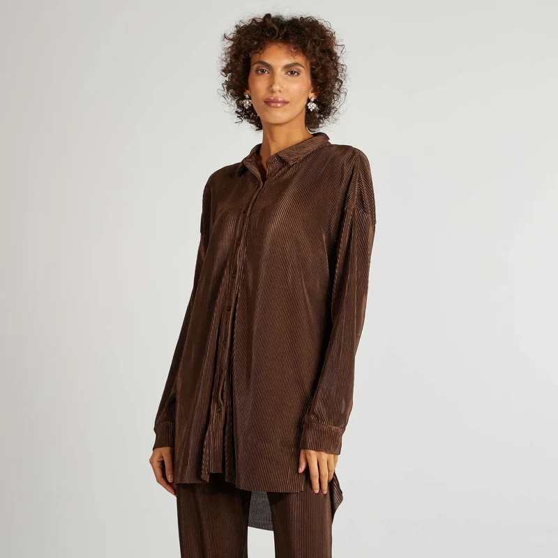 Kiabi Long Pleated Knit Shirt Brown