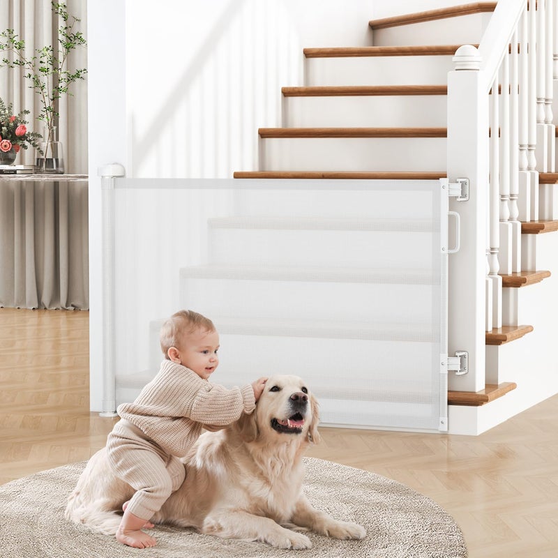 Cideny Retractable Baby Gate for Stairs, 55" Wide Mesh Dog Gate Indoor, 34" Tall Child Gate for Doorways, Hallways, Deck, Indoor Outdoor Pet Baby Safety Essentials for Home, White - Image 1