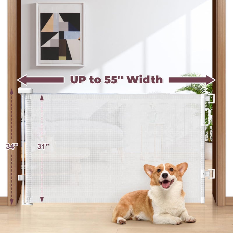 Cideny Retractable Baby Gate for Stairs, 55" Wide Mesh Dog Gate Indoor, 34" Tall Child Gate for Doorways, Hallways, Deck, Indoor Outdoor Pet Baby Safety Essentials for Home, White - Image 2