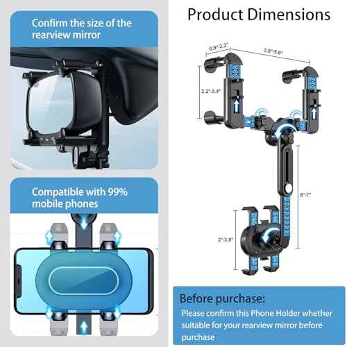 ILKCC Rearview Mirror Phone Holder for Car, 360° Rotating and Retractable Multifunctional Rear View Phone Mount, Upgraded Four Corners Fixed Anti-Shake Fit All Smartphones & Bigger Vehicle - Image 4