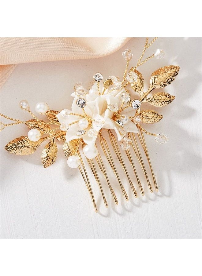 AW BRIDAL - Ceramic Flower Wedding Hair Accessories for Brides Wedding Hair Combs Gold Bridal Hair Pieces for Women Girls - Image 1