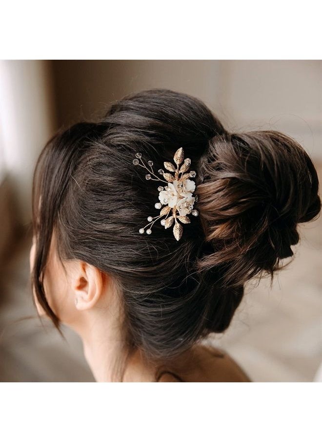 AW BRIDAL - Ceramic Flower Wedding Hair Accessories for Brides Wedding Hair Combs Gold Bridal Hair Pieces for Women Girls - Image 1